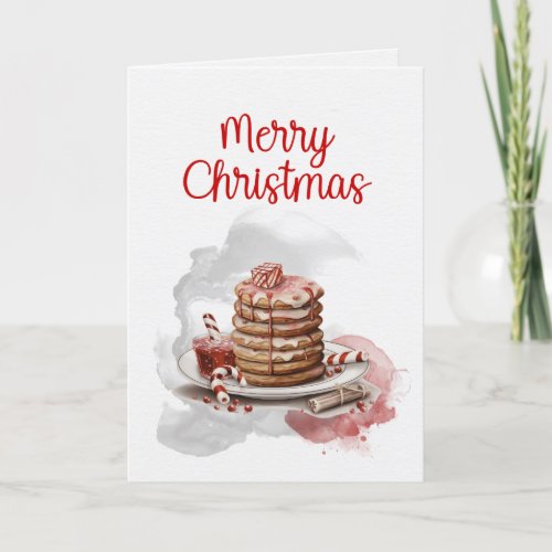 Vintage red brown Watercolor Candy Cane Pancakes Holiday Card