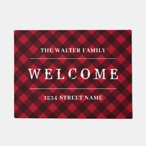 Vintage red buffalo plaid custom family welcome doormat