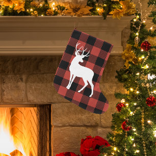 Vintage Red Buffalo Plaid & Deer Large Christmas Stocking