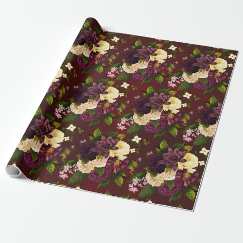 Vintage red burgundy maroon winter dramatic floral wrapping paper