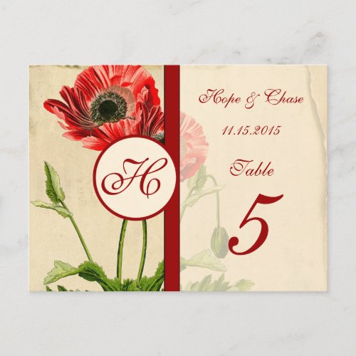 Vintage Red Burgundy Poppy Table Number Cards