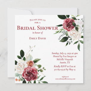 Vintage Red Burgundy White Roses Bridal Shower Invitation