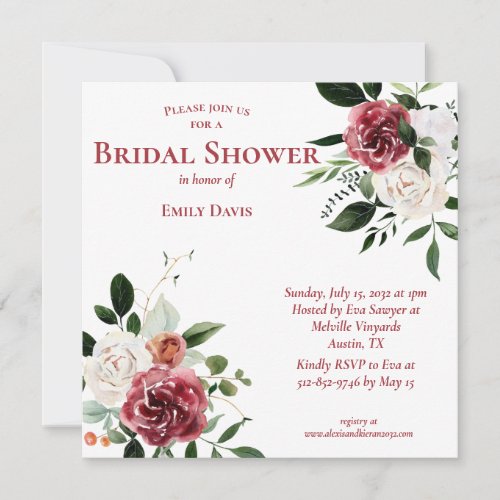 Vintage Red Burgundy White Roses Bridal Shower Invitation