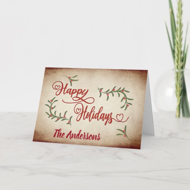 Vintage Red calligraphy Happy Holidays holly Holiday Card (Front)