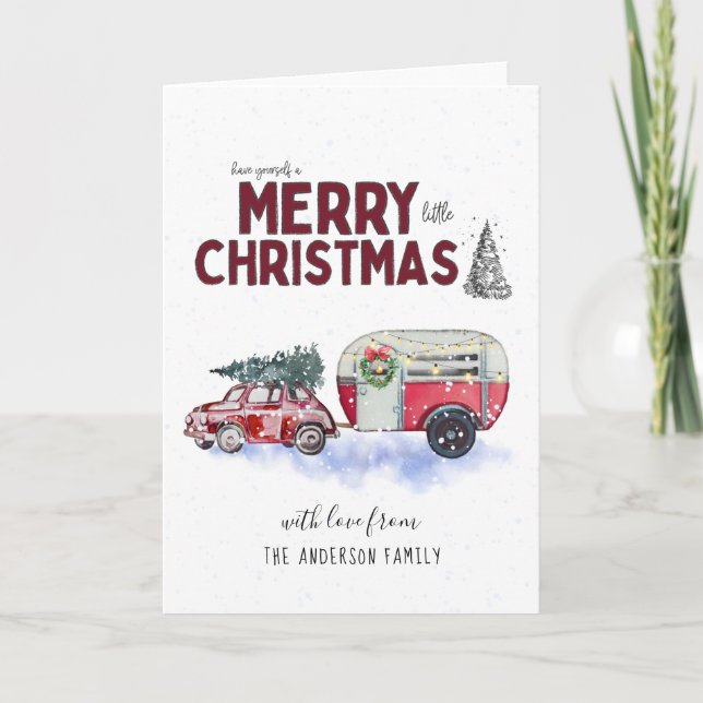 Vintage Red Camper Christmas Greeting Card (Front)