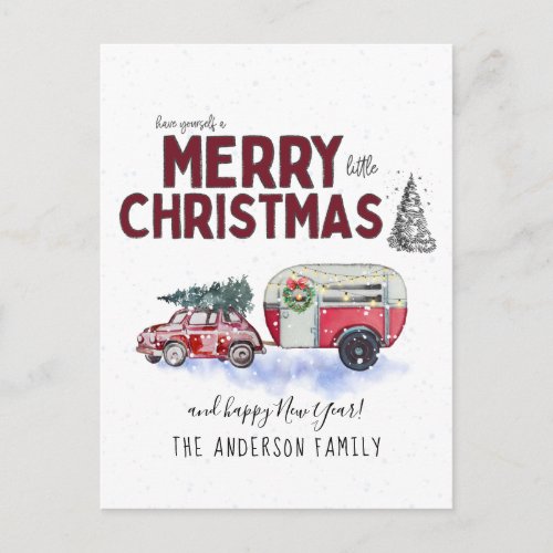 Vintage Red Camper Christmas Postcard