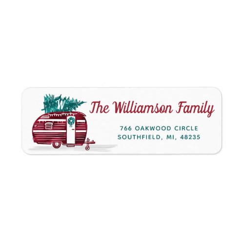 Vintage Red Camper Christmas Tree Monogram Address Label