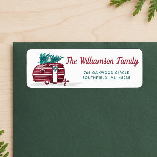 Vintage Red Camper Christmas Tree Monogram Address Label