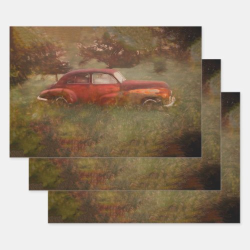 Vintage Red Car Antique Old Rustic Art Decoupage Wrapping Paper Sheets