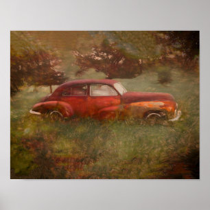 Vintage Red Car Antique Old Rustic Retro Art Poster