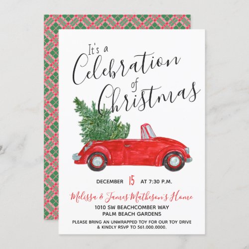 Vintage Red Car Christmas Celebration  Plaid Invitation