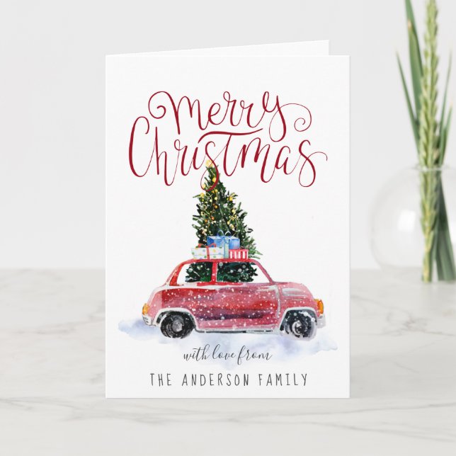 Vintage Red Car Christmas Greeting Card (Front)