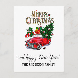 Vintage Red car  Christmas Holiday Postcard