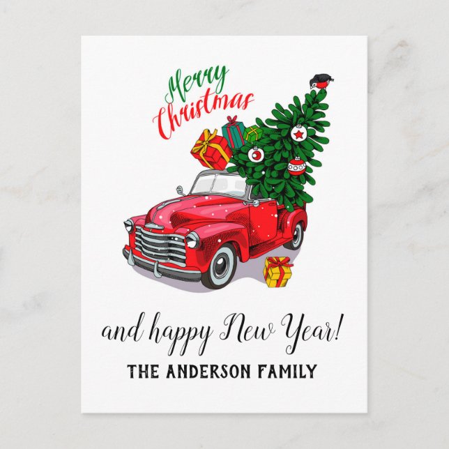 Vintage Red car  Christmas Holiday Postcard (Front)