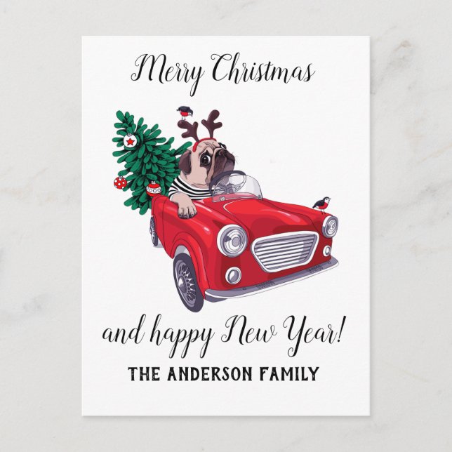 Vintage Red car  Christmas Holiday Postcard (Front)