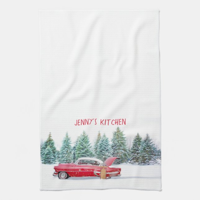 Vintage Red Car Christmas Kitchen Towel (Vertical)