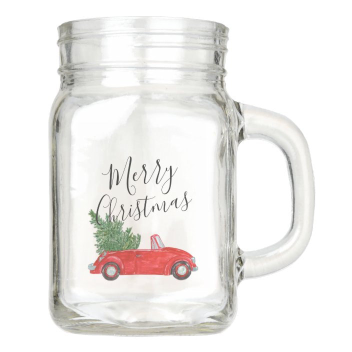 Vintage Red Car Christmas Tree Merry Christmas Mason Jar Zazzle Com