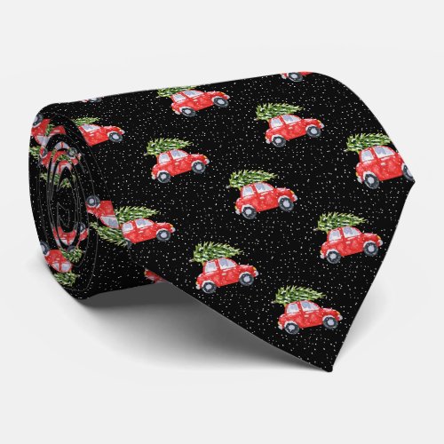 Vintage Red Car Christmas Tree Snowflake Black Neck Tie