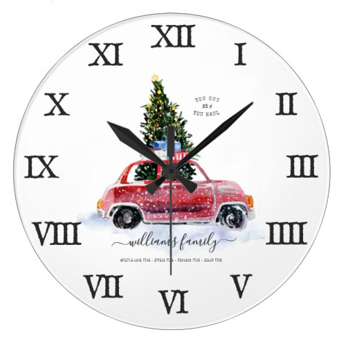 Vintage Red Car Farmhouse | Family Name Large Clock