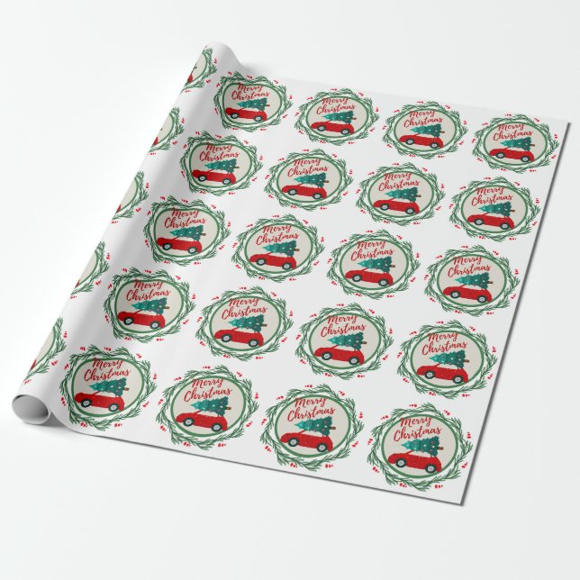 Vintage red car merry christmas  wrapping paper (Unrolled)
