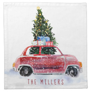 Vintage Red Car Personalized Christmas Napkins