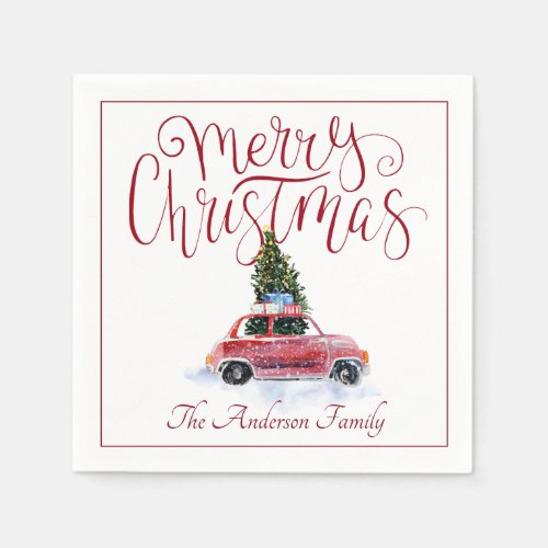 Vintage Red Car Personalized Christmas Party Napkins