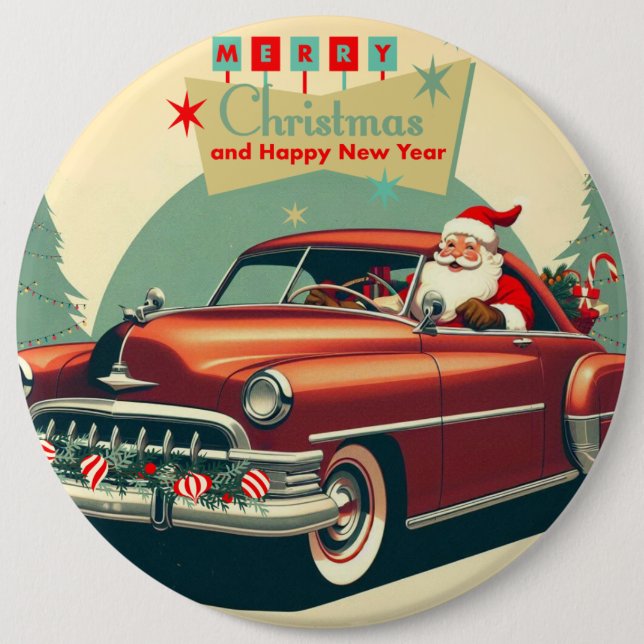 Vintage red car & Santa Button (Front)