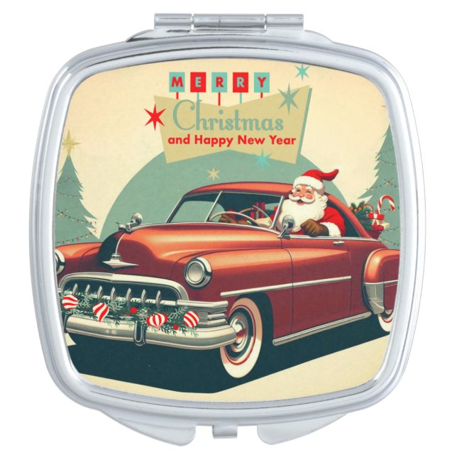 Vintage red car & Santa Compact Mirror (Front)