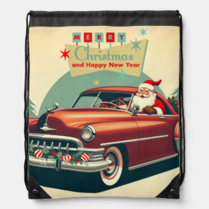 Vintage red car & Santa Drawstring Bag
