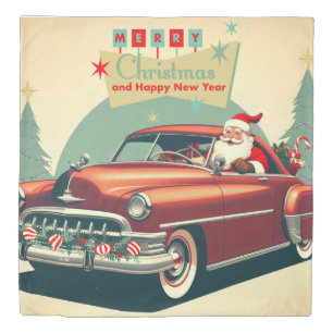 Vintage red car & Santa Duvet Cover