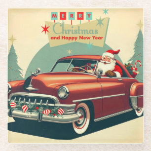 Vintage red car & Santa Glass Coaster