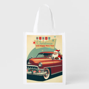 Vintage red car & Santa Grocery Bag