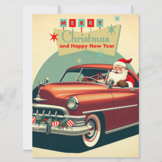Vintage red car & Santa Holiday Card