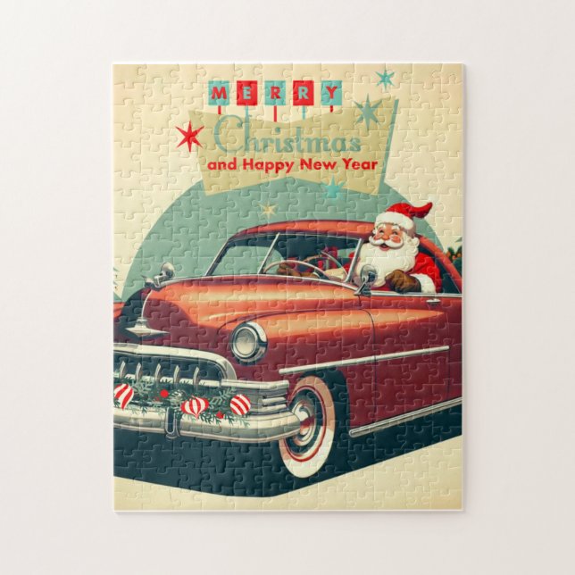 Vintage red car & Santa Jigsaw Puzzle (Vertical)