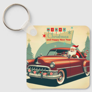 Vintage red car & Santa Keychain
