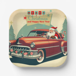 Vintage red car & Santa Paper Plates