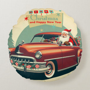 Vintage red car & Santa Round Pillow