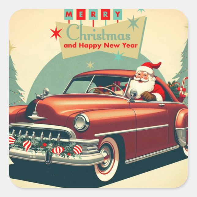 Vintage red car & Santa Square Sticker (Front)