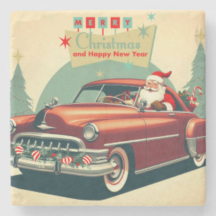 Vintage red car & Santa Stone Coaster
