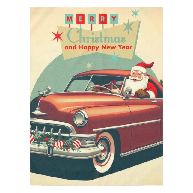 Vintage red car & Santa Tablecloth (Front)