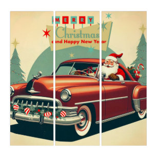 Vintage red car & Santa Triptych