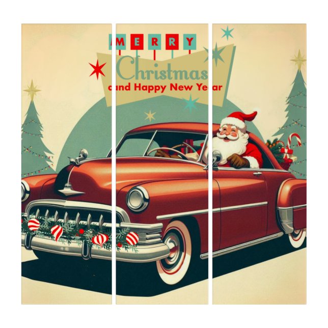 Vintage red car & Santa Triptych (Front)