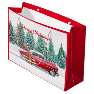 Vintage Red Car Snow Sled Christmas Large Gift Bag