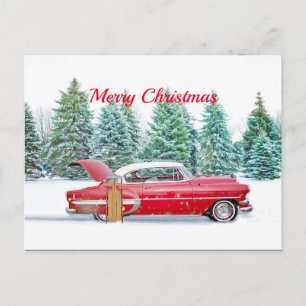 Vintage Red Car Snow Sled Christmas Postcard