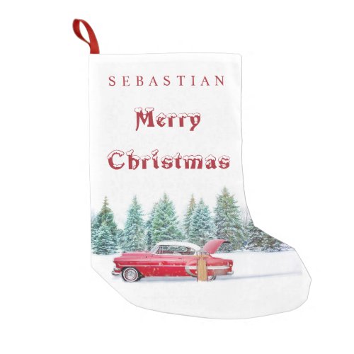 VINTAGE RED CAR Snowy Trees Custom Christmas Small Christmas Stocking
