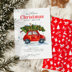 Vintage red car Tree Watercolor Christmas Party Holiday Card