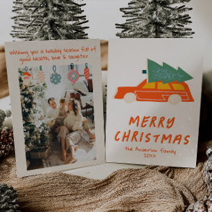 Vintage Red Car Truck Funky Abstract Christmas Holiday Card