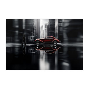 Vintage Red Car Wet Street Rainy Day High Contrast Acrylic Print