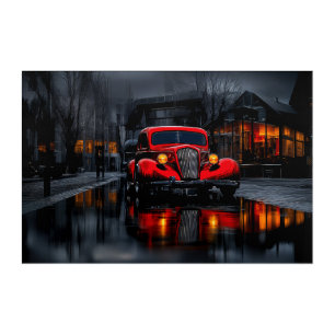 Vintage Red Car Wet Street Rainy Day High Contrast Acrylic Print