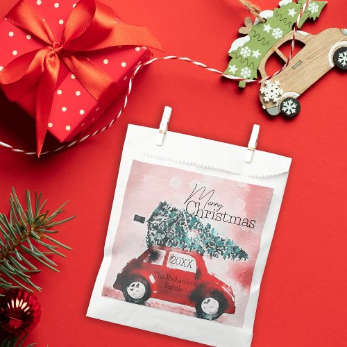 Vintage Red Car with a Christmas Tree Tied to Roof Favor Bag